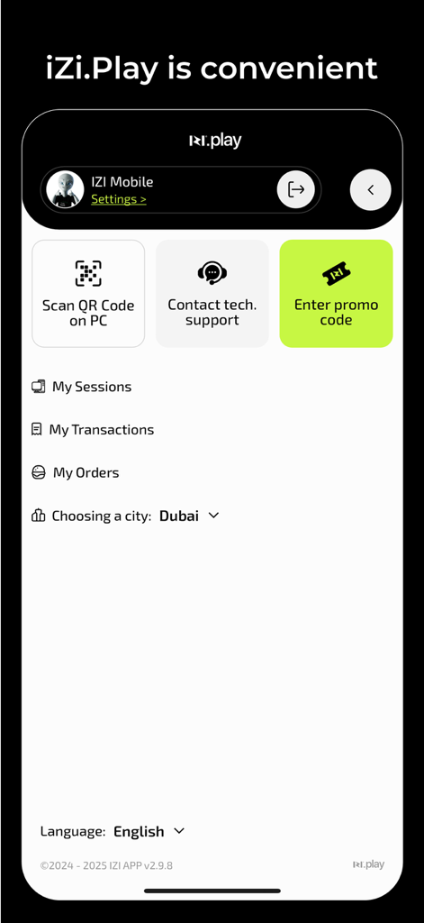Interface of the iZi.Play app showing user profile menu with options to scan QR codes for PC access and manage gaming sessions.