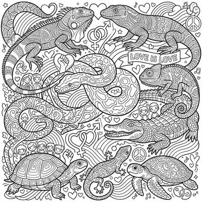 Dive into a vibrant celebration of diversity with this unique Zentangle reptile coloring page. Featuring beautifully patterned snakes, lizards, and turtles, it’s adorned with uplifting Pride symbols for a creative and inclusive coloring experience.