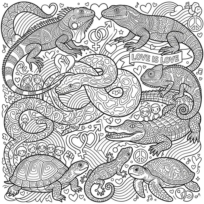 Dive into a vibrant celebration of diversity with this unique Zentangle reptile coloring page. Featuring beautifully patterned snakes, lizards, and turtles, it’s adorned with uplifting Pride symbols for a creative and inclusive coloring experience.