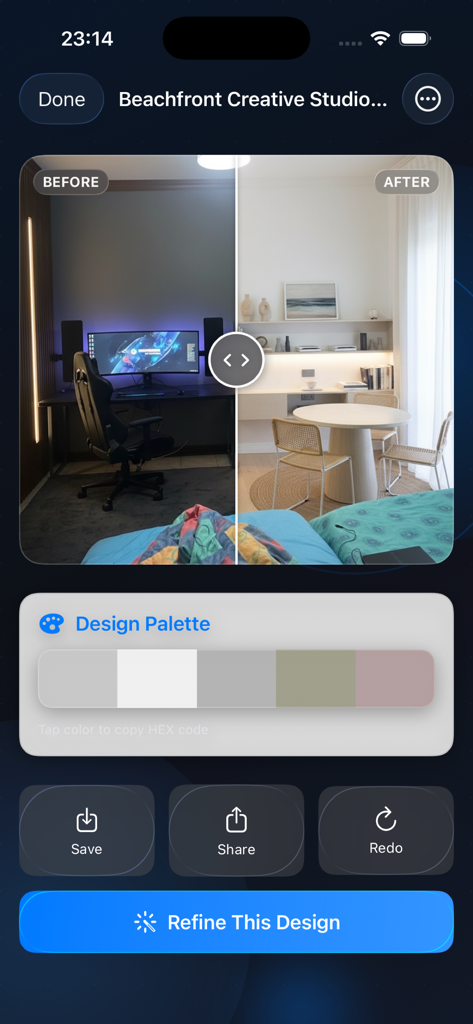 Room Lift - Vorher-Nachher-Vergleich einer Raumneugestaltung mit KI und einer extrahierten Farbpalette