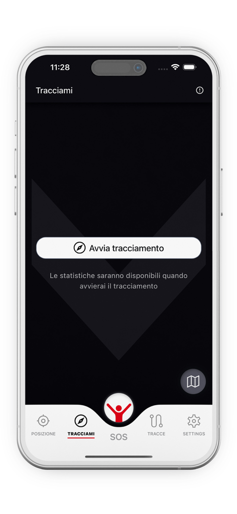 georesq - GeoResQ app screen showing the Tracciami feature to start tracking a mountain route