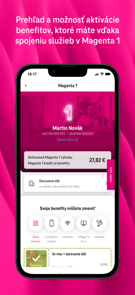 Telekom - Interfaz de la aplicación Telekom que muestra los beneficios de lealtad de Magenta 1 y la gestión de cuentas para un usuario llamado Martin Novak.
