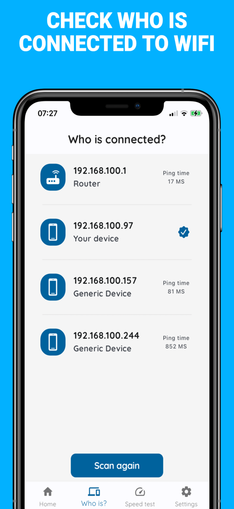 Oberfläche der WLAN-Passwort-App, die eine Liste der aktuell mit dem WLAN-Netzwerk verbundenen Geräte anzeigt, einschließlich IP-Adressen und Ping-Zeiten
