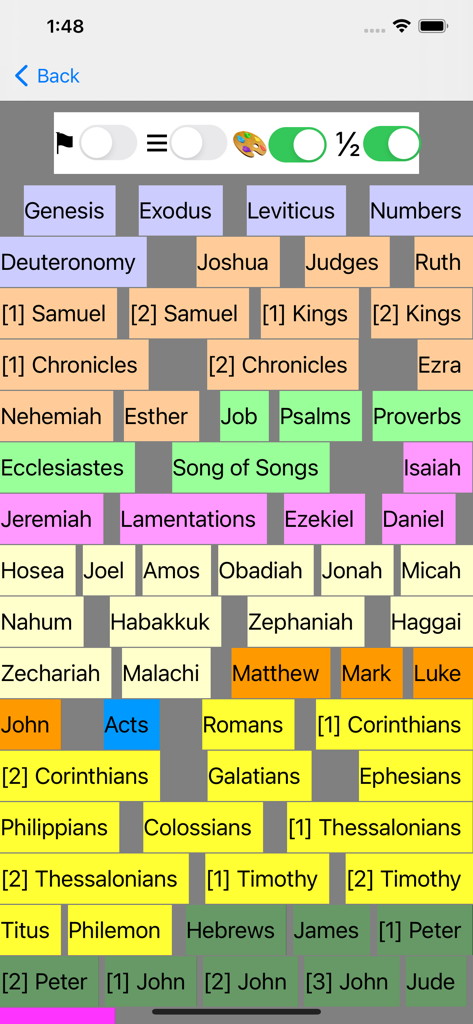 La Bible(Louis Segond 1910) - Navigation menu showing books of the Bible in a colorful grid layout for quick access.