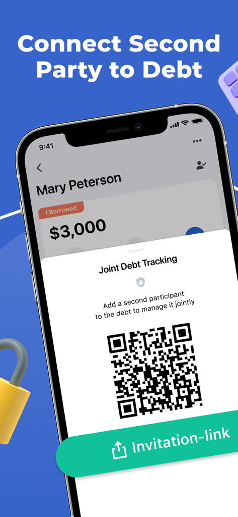 Smartphone screen showing a QR code for joint debt tracking to connect a second party in the Saldo app