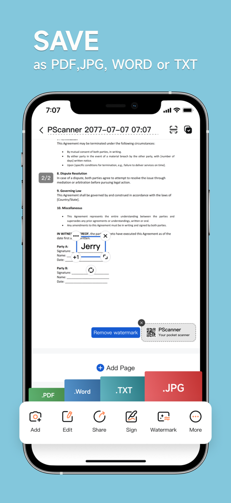 pScanner:PDF Document Scanner - pScanner app interface showing options to save scanned documents as PDF, Word, TXT or JPG.