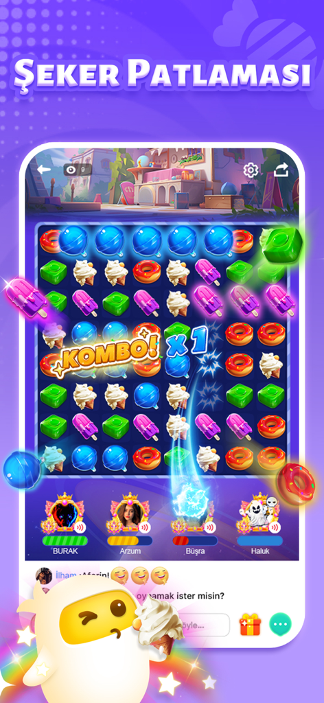 Una captura de pantalla del juego Candy Boom de TopTop que presenta un tablero colorido de emparejar caramelos y avatares activos de chat de voz social en la parte inferior.