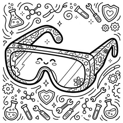 Explore the delightful world of science and safety with our Kawaii Safety Glasses coloring page. This charming design combines cute style with protective eyewear, surrounded by playful scientific and mechanical elements ready for your artistic touch.