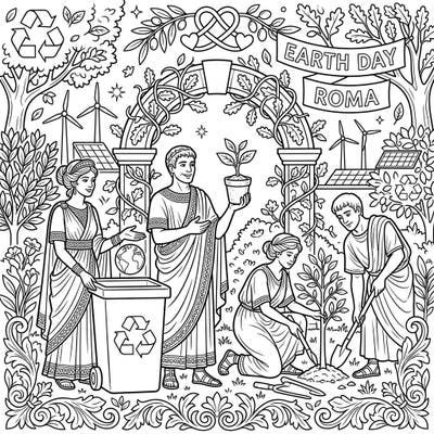 Step back in time to Ancient Rome as noble patricians embrace the spirit of Earth Day, promoting environmental care and sustainability. This intricate coloring page invites you to bring this unique historical-eco fusion to life with your favorite colors.