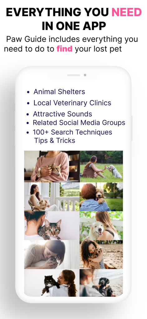 Paw Guide: Lost & Found Pets - Paw Guide app screen listing search features like animal shelters and search techniques for lost pets