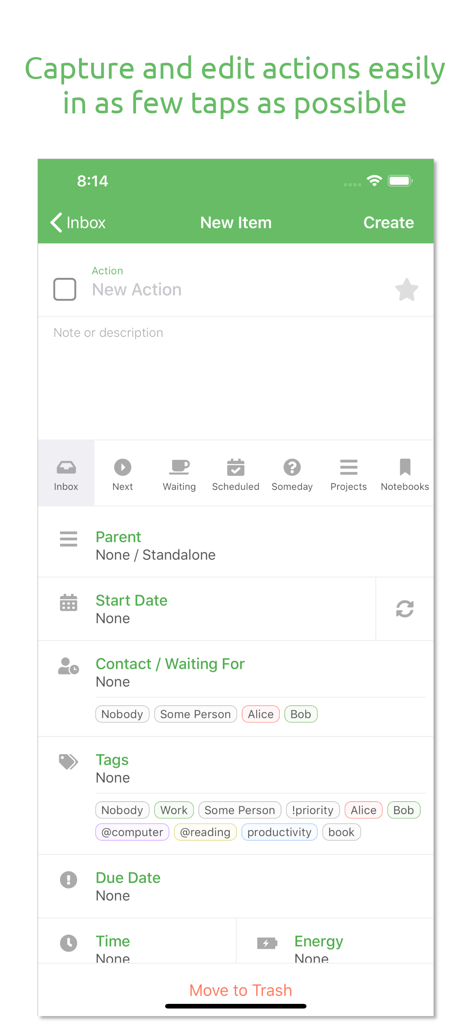Everdo: GTD and To-Do List - Everdo mobile app interface for capturing and editing GTD tasks with tags and energy filters