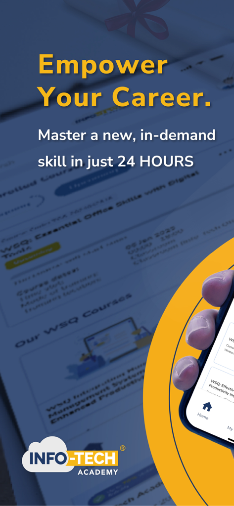 Infotech Academy app interface showing professional WSQ courses for career growth