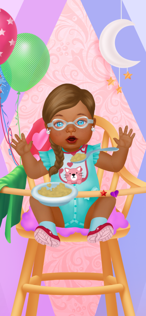 Baby Dress Up & Daycare Game 2 - A cute baby character with glasses and a kitty bib sitting in a high chair being fed