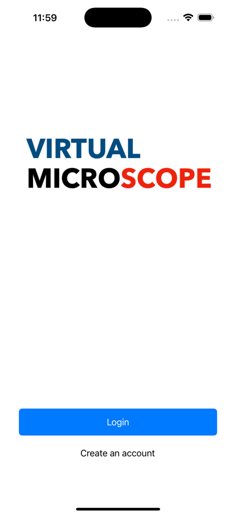 Der Anmeldebildschirm der Virtual Cell Profiler-Anwendung mit einem blauen Anmelde-Button und einem Link zur Kontoerstellung.