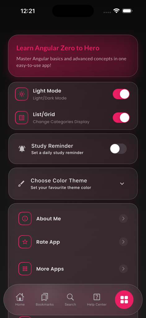 Learn Angular Development - Einstellungsbildschirm der Learn Angular Development App mit Optionen für Dark Mode und Lernbenachrichtigungen