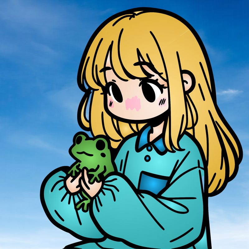 girl with long hair and a oversized shirt. and she is holding a frog