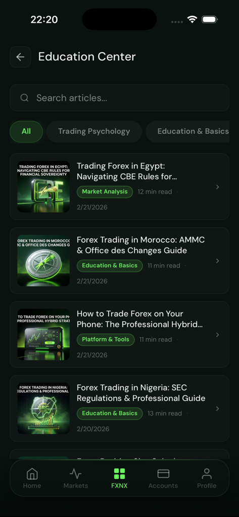 FXNX - FXNX Education Center displaying a list of Forex trading articles and market analysis.