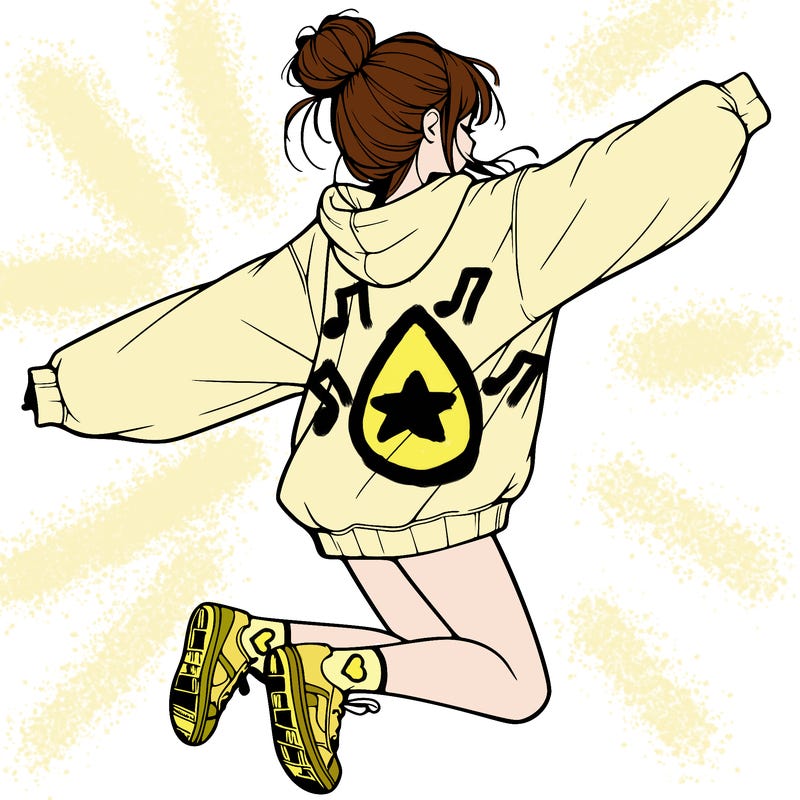 realistic girl jumping with a bun and oversized sweatshirt