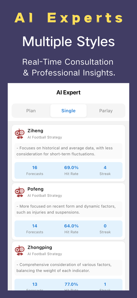 AI Ball Predictions & Tips - Interface showing different AI expert football betting strategies with hit rates and forecast statistics.