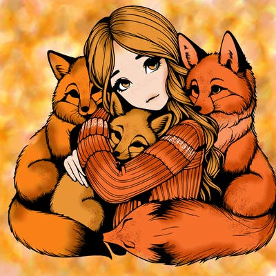 realistic, looking girl hugging, foxes