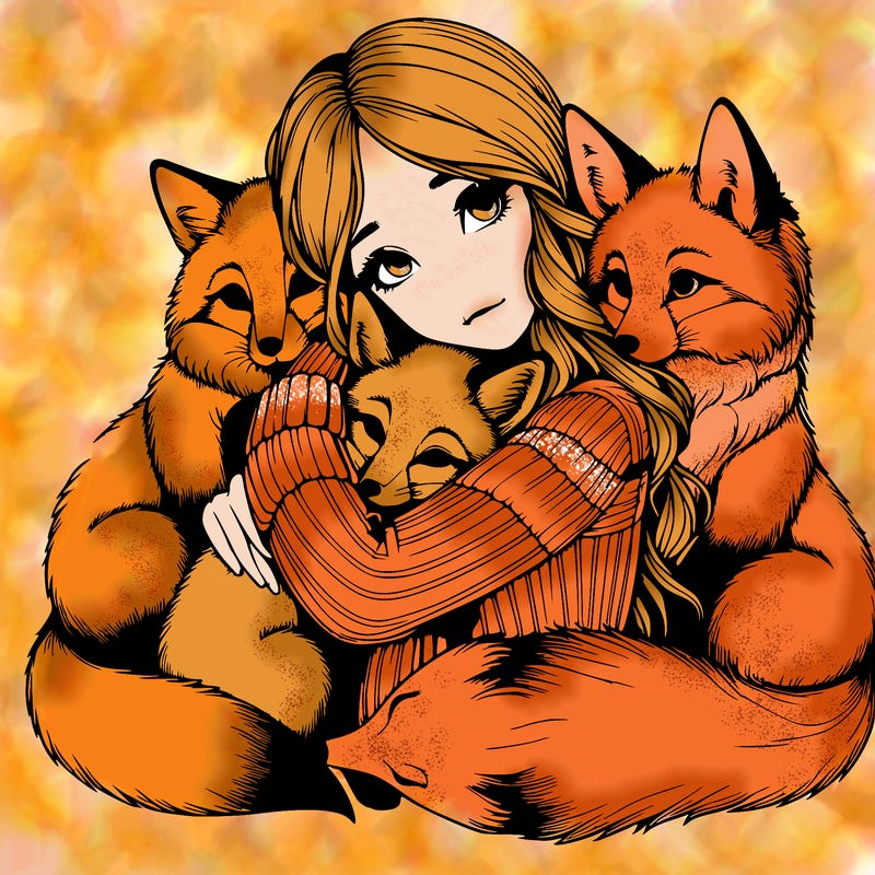 realistic, looking girl hugging, foxes