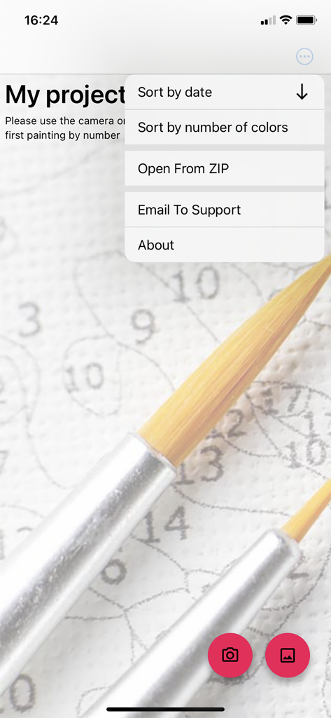 Paint By Number Creator Lite - Project management screen in Paint By Number Creator Lite showing sorting options and photo import buttons