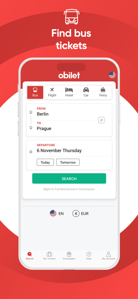 Interfaz de la aplicación móvil Obilet para buscar y reservar billetes de autobús de Berlín a Praga