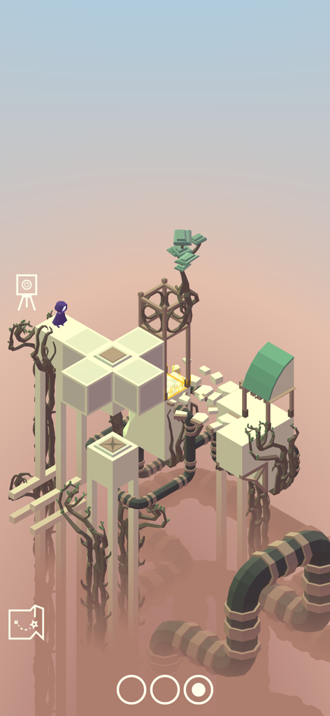 Chronescher - Eine Kapuzenfigur steht auf einer weißen geometrischen Plattform in einer isometrischen Escherpunk-Rätselwelt mit überwucherten Ranken