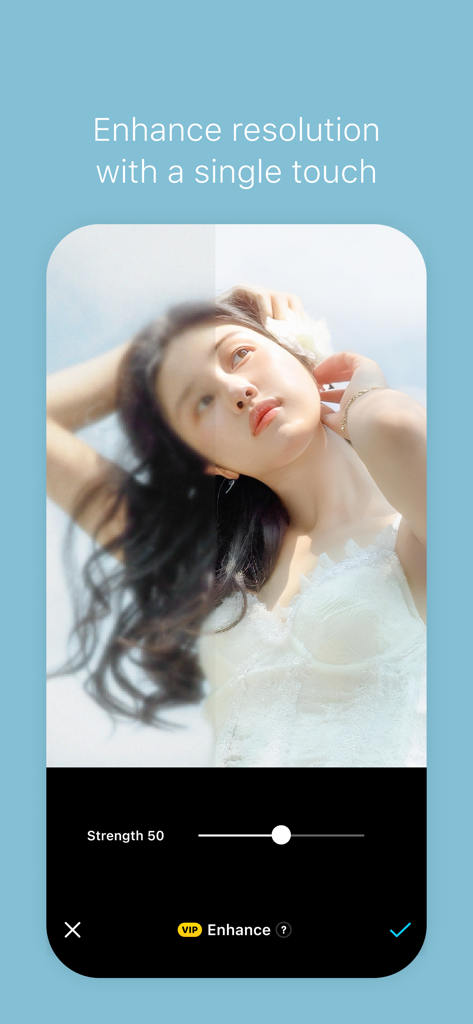 Comparaison avant/après de l'amélioration de la résolution d'une photo sur l'application SNOW