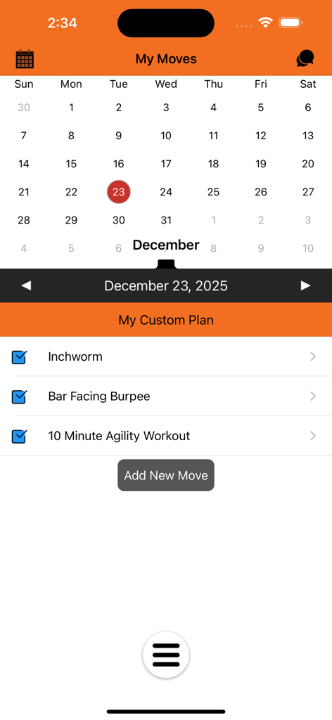 REPTS+ - REPTS plus Workout-Planer-Oberfläche zeigt einen Kalender und eine Liste benutzerdefinierter Übungen, einschließlich Burpees und Agility-Workouts