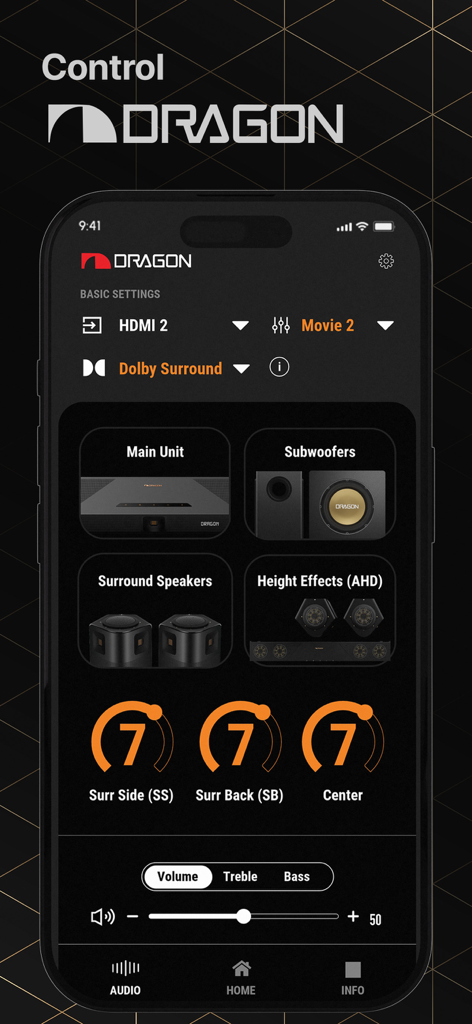 Interfaz de la App de Control Remoto Nakamichi que muestra configuraciones de audio y controles de volumen para el sistema de cine en casa Dragon