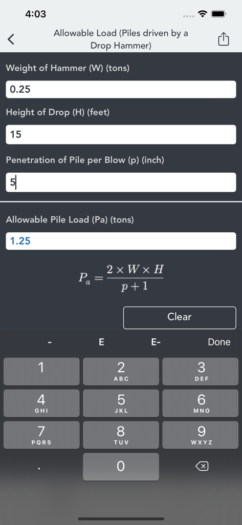 Interface of the Pile and Piling Calculator app showing the calculation for allowable load of piles driven by a drop hammer