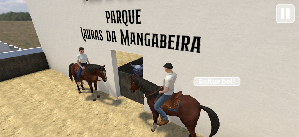 Valeu Boi: O Jogo da Vaquejada - Two cowboys on horses waiting at the arena gate in the Valeu Boi Vaquejada mobile game