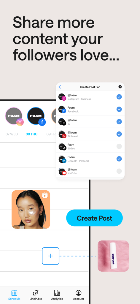 Screenshot der Later-App, der Optionen zur Planung von Beiträgen für mehrere Plattformen anzeigt