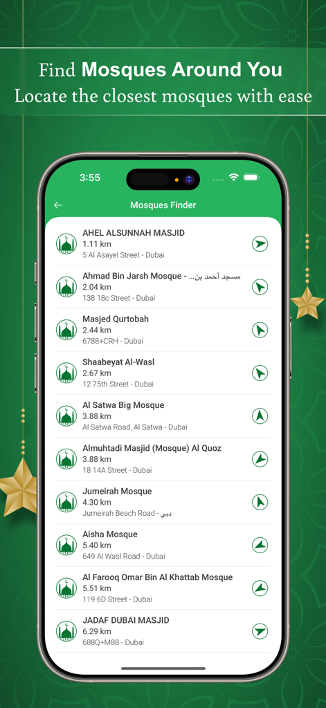 Muslim Prayer Times - Athan - Une interface mobile affichant la fonction de recherche de mosquées avec une liste des mosquées à proximité et leurs distances.