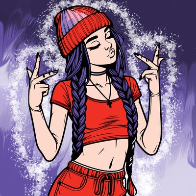 realistic teenage girl with braids and a beanie and crop top doing 🫶🏼