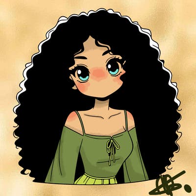 a black anime girl with long afro hair