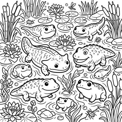 Explore a delightful prehistoric pond filled with charming Kawaii ancient amphibians, including frogs, salamanders, and even tiny tadpoles. This adorable coloring page combines historical creatures with an irresistible cute style, perfect for all ages.