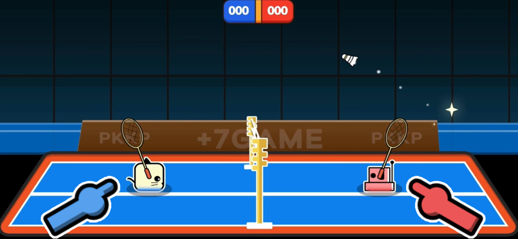 PKKP:2 Player Party Game - Una pantalla que muestra un minijuego de bádminton para dos jugadores con un adorable personaje de gato y robot en una cancha.