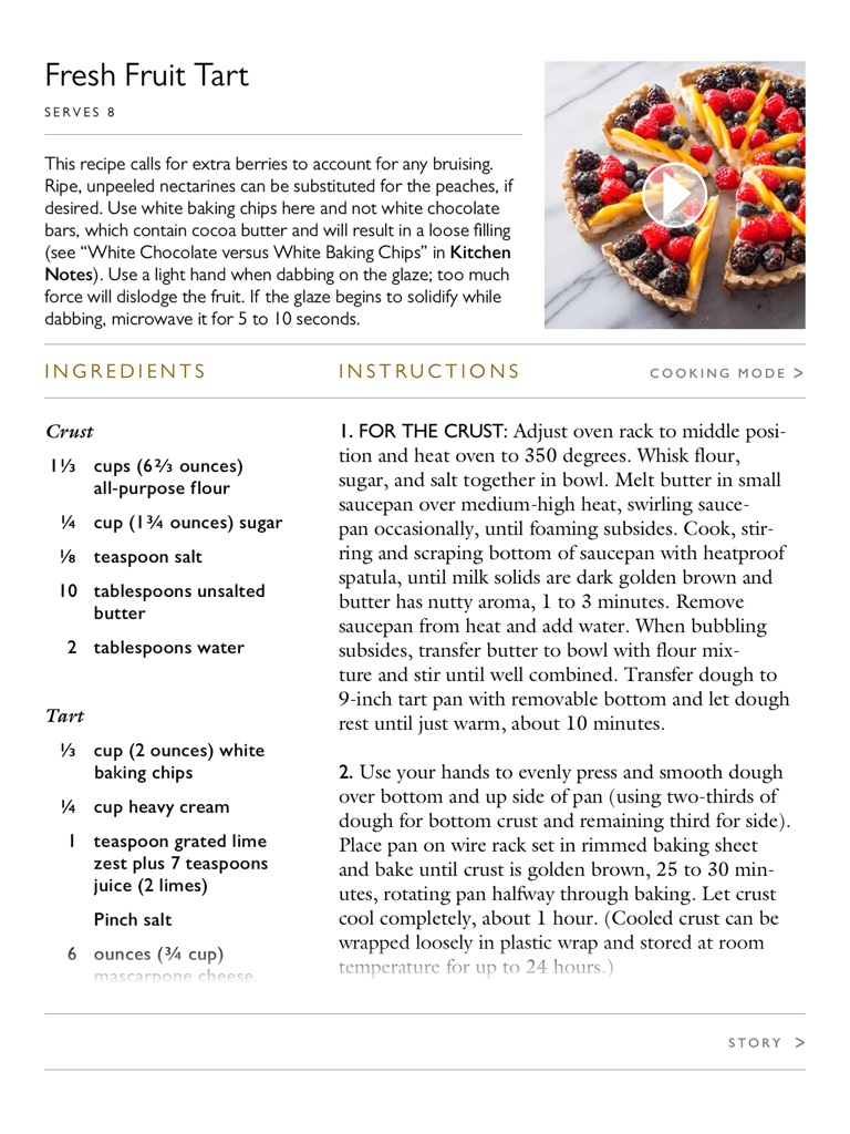Digital recipe page for a fresh fruit tart with ingredients and detailed cooking instructions