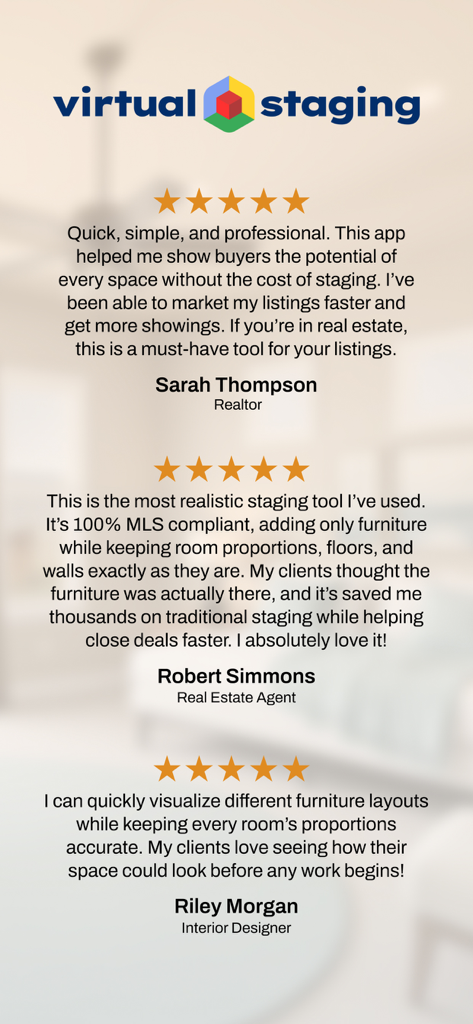 Virtual Staging AI - Stager - Five star user reviews from real estate professionals praising the Virtual Staging AI app