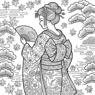 Explore the timeless elegance of Japanese culture with this stunning geisha kimono coloring page. Adorned with intricate floral and traditional patterns, it offers a deeply satisfying and creative coloring experience.