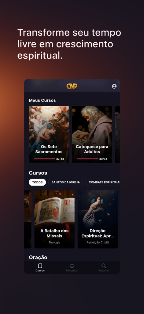 Padre Paulo Ricardo - Interfaz de la aplicación móvil del Padre Paulo Ricardo que muestra varios cursos educativos católicos como Los Siete Sacramentos y Catequesis para Adultos.