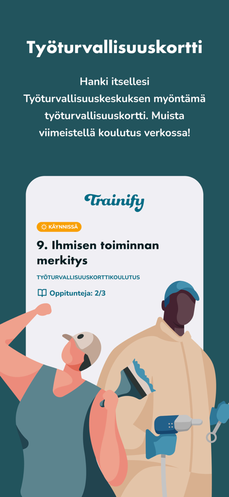 Trainify - Interfaz de la aplicación Trainify que muestra un módulo de curso de seguridad ocupacional finlandés.