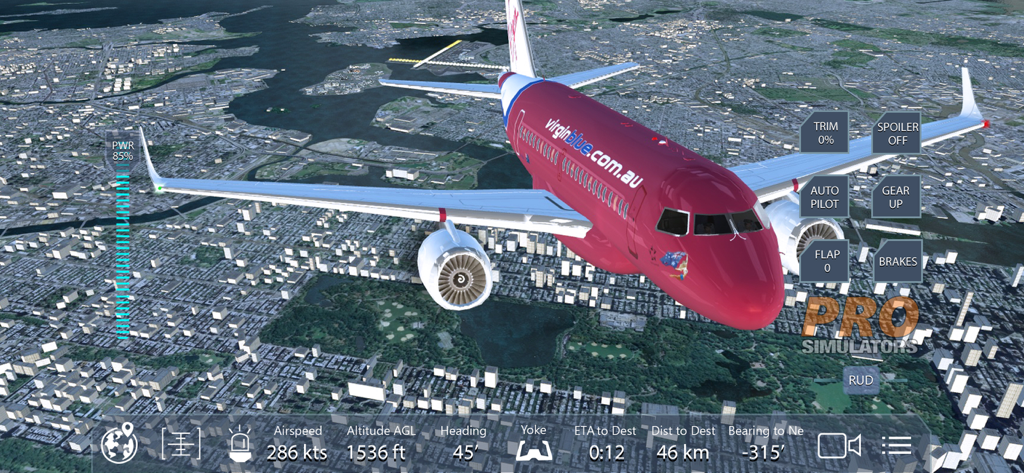 A red commercial airplane flying over New York City in the flight simulator game with on screen flight controls