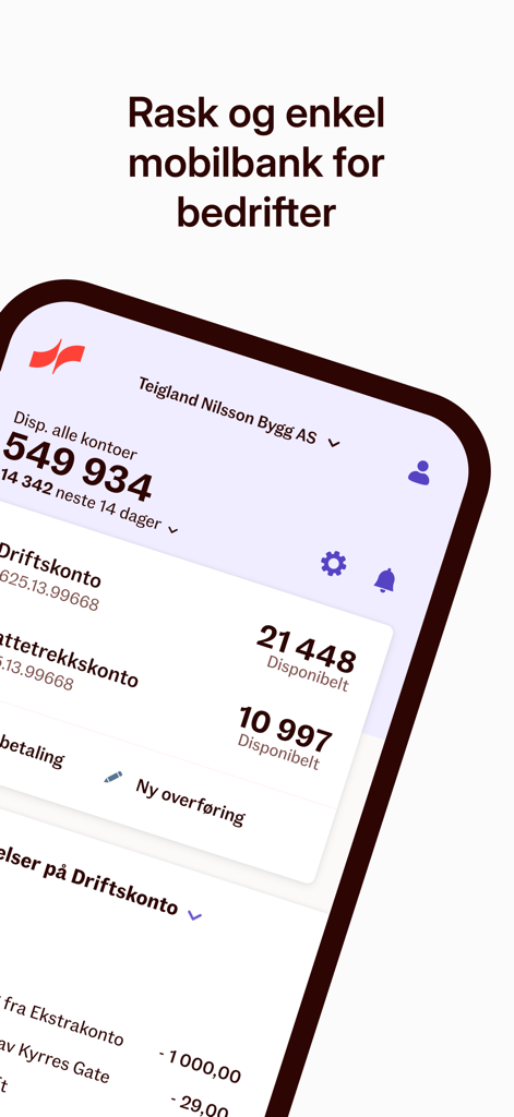 Sparebanken Norge Bedrift - A smartphone displaying the Sparebanken Norge Bedrift business mobile banking dashboard with account balances and transaction history