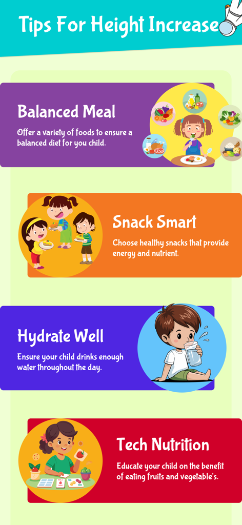 Workout For Kids Height - Infographic showing four health tips for kids growth including balanced meals healthy snacks hydration and nutrition education