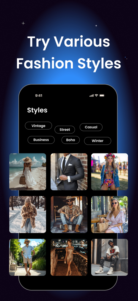 Clothes Changer & Outfit Maker - App interface displaying various fashion styles like Business Street and Boho
