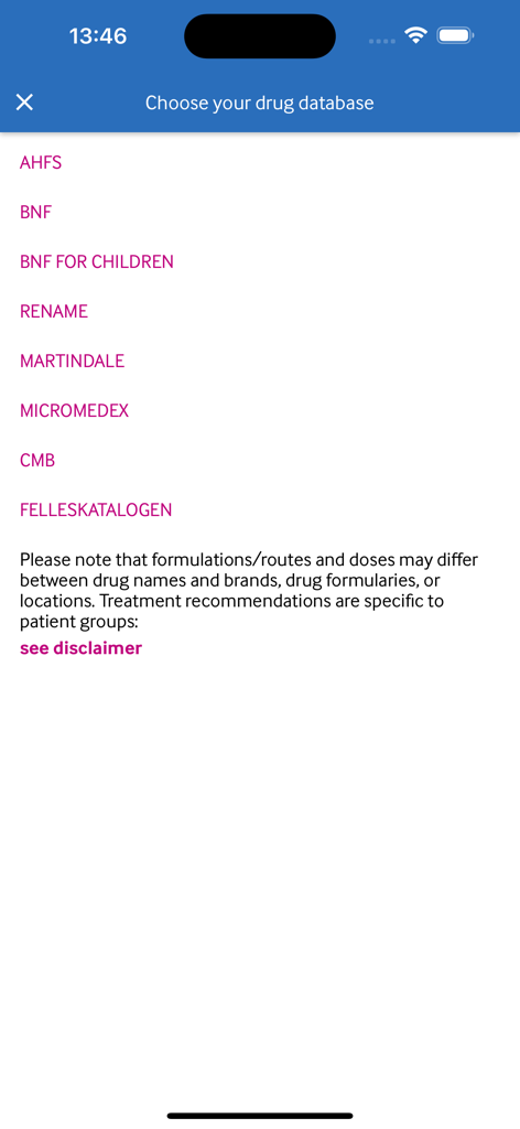 BMJ Best Practice - The drug database selection screen in the BMJ Best Practice app showing various medical database options.