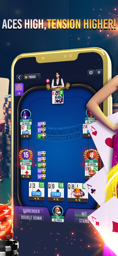 Blackjack 21 Championship - 모바일 화면에 여러 플레이어와 카드 핸드가 있는 디지털 블랙잭 테이블